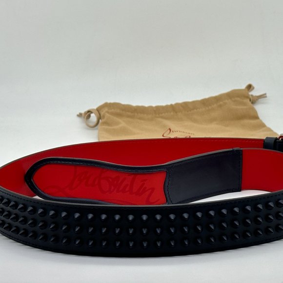 Christian Louboutin LOUBI Logo Spike Studded Leather Belt Navy Blue - Picture 6 of 10